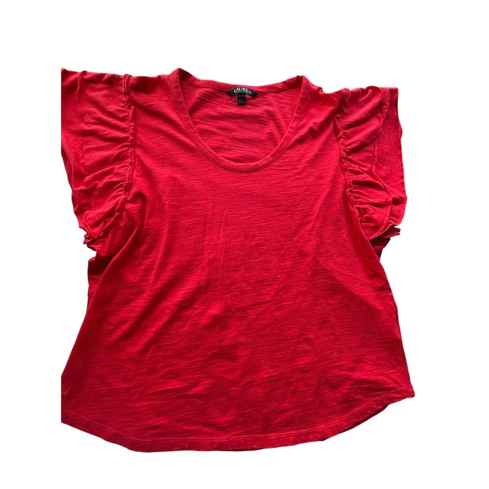 Lauren Ralph Lauren XL Red Ruffle Cap Sleeve Slub Cotton Scoop Neck Top Resort